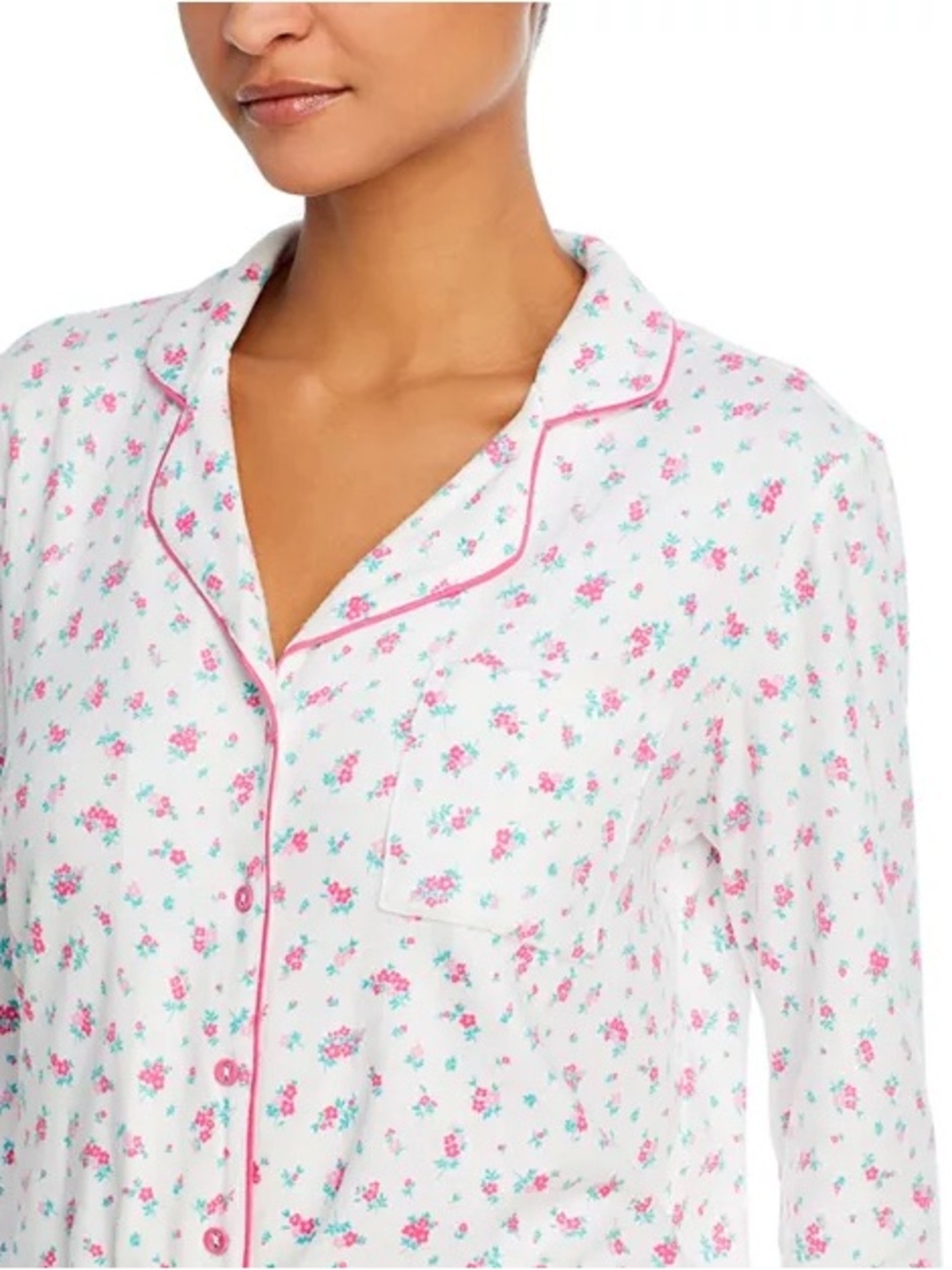 P.J. Salvage White Floral Long-Sleeve Pajama Top with Pink Accents